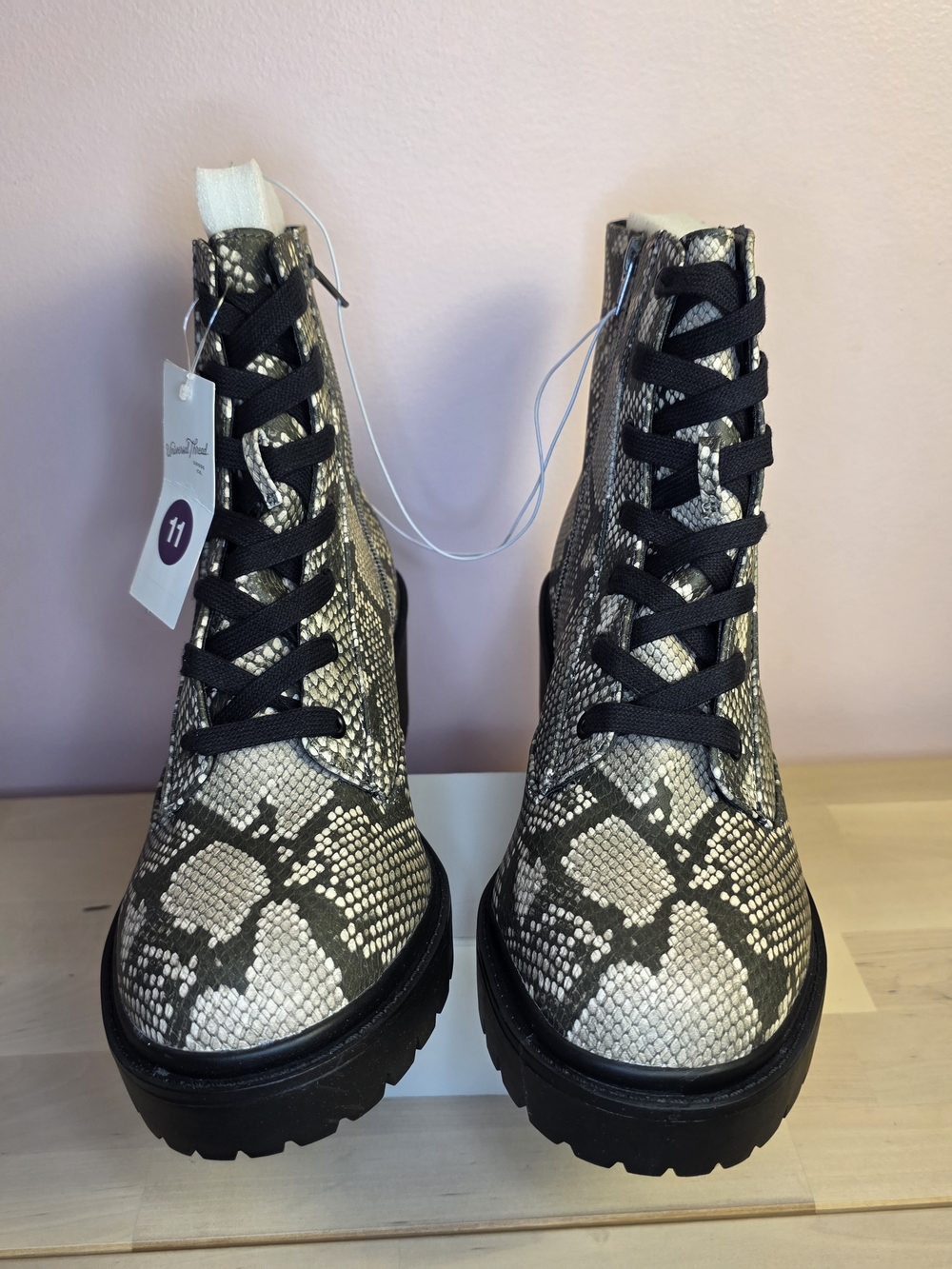 Snake-Print Lace-Up Combat Boots - Black & Cream - Picture 3 of 7